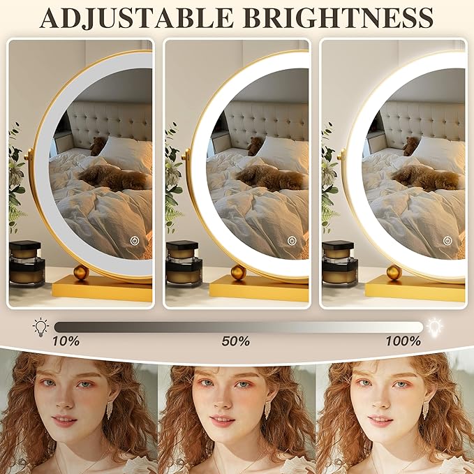 13 Inch Vanity Mirror with Lights, Round Make Up Mirror with Lighting, LED Mirror Makeup Mirror with Lights for Bedroom Tabletop, Smart Touch Control, 360° Rotation (Gold)