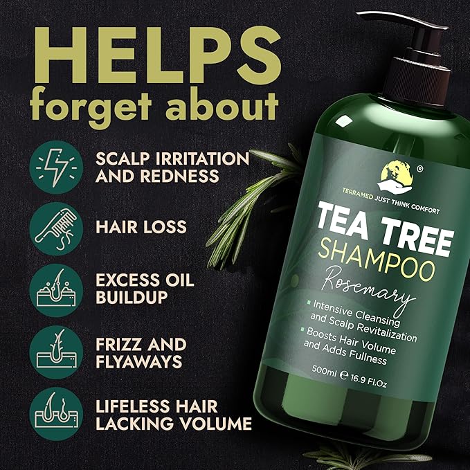 Rosemary Shampoo and Conditioner Set Infused with Tea Tree & Rosemary Oils for Scalp Relief and Hair Growth | Sulfate Free, Soothes Dry Scalp, Boosts Shine + Free Scalp Brush | 16.9 fl oz