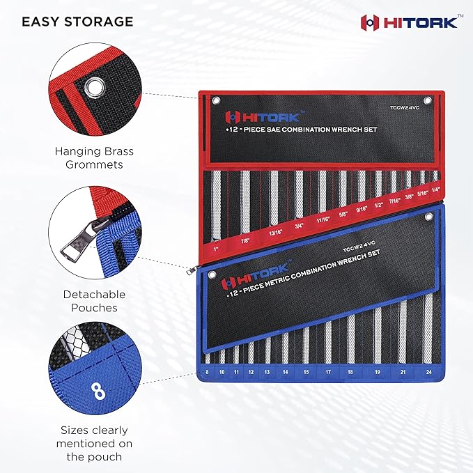 Hitork 24-Piece Combination Wrench Set, SAE (1/4"–1") & Metric (8–24mm), Cr-V Steel, Mirror Chrome Finish, 12-Point Box End, 15° Offset, with Roll Pouch – Ideal for Home, Garage & Auto Repair