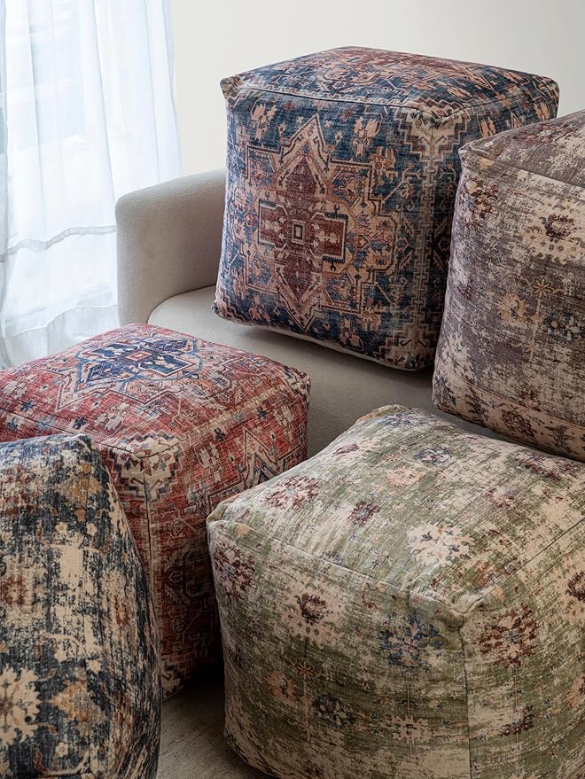 L. R. Resources, Inc. LR Home Vintage Floral Square Indoor Medium Pouf Ottoman, Taupe | Power-Loomed Polyester Footrest for Bedroom & Living Room Decor | 18 x 18 x 18 Filled Pouf for Seating