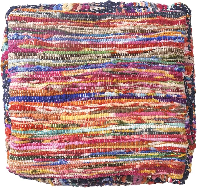 LR Home Denim Bordered Shabby Chic Hand-Loomed Cotton Jute Cube Pouf for Home Decor | Hand-Made Farmhouse Foot Rest for Bedroom & Living Room Decor | 18 x 18 x 18 Stuffed Ottoman for Seating