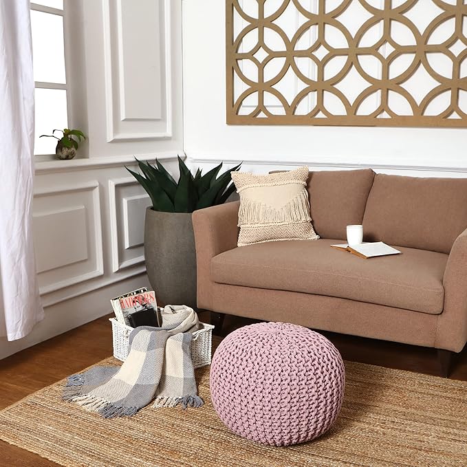 REDEARTH Round Pouf Ottoman - Hand Knitted Boho Poof Home Décor Pouffe Circular Footrest for Living Room - Bedroom - Lounge - 100% Cotton (19.5"x19.5"x14") - Pale Pink