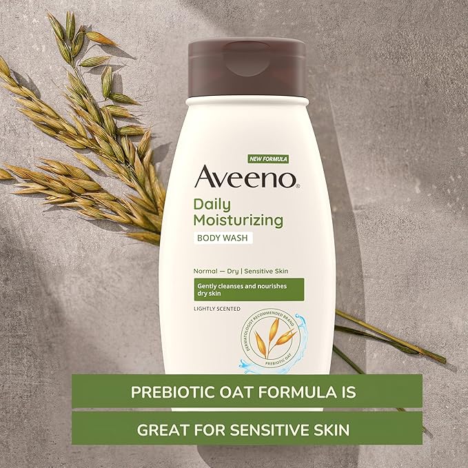Aveeno Daily Moisturizing Body Wash for Dry & Sensitive Skin + Prebiotic Oat, Oat Body Wash & Gently Cleanses, Nourishes & Feels Hydrating on Dry Skin, Gentle & Light Fragrance, 18 fl oz