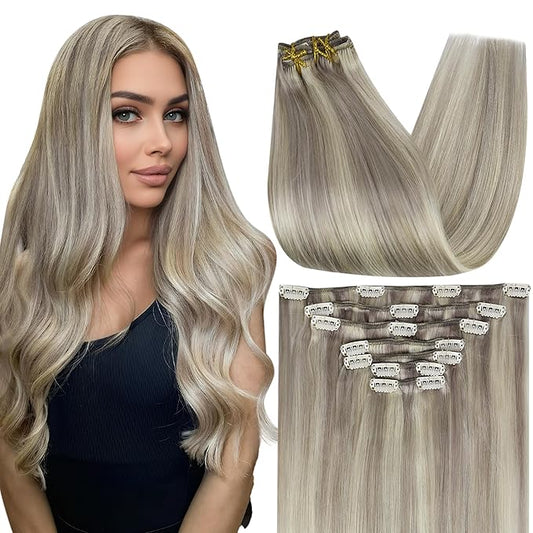 Full Shine Blonde Highlights Human Hair Extensions Clip ins 20 Inch Gray Highlights Platinum Blonde Remy Hair Clip in Extensions Silky Long Straight 120 Grams