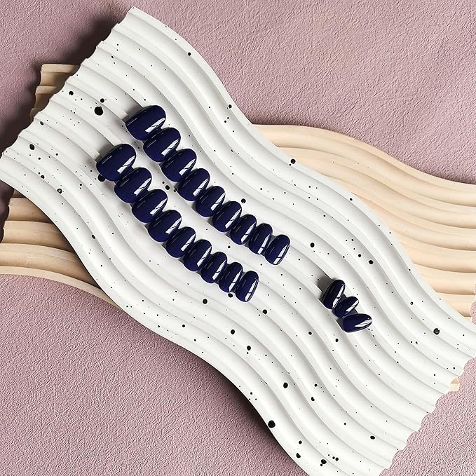 Navy Blue Press on Nails Short Almond Fake Nails Press ons, Thick Solid Color Glue on Nails Short False Nails, Medium Almond Nails Oval Round Shaped Nails for Women, 24Pcs Natural Acrylic Gel Nails