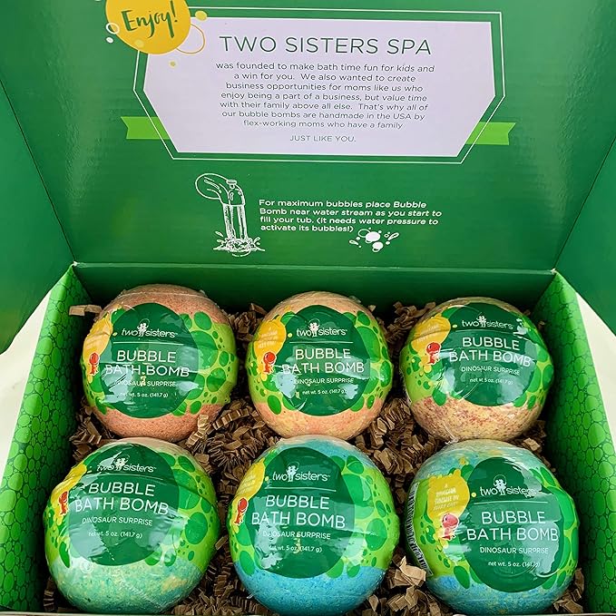 Dinosaur Bath Bombs for Kids with Surprise Dino Toys Inside (6 Pack) - Large Bubble Bath Bombs, Gentle and Safe, Made in USA, Gift Ideas for Boys, Girls and Teens by Two Sisters