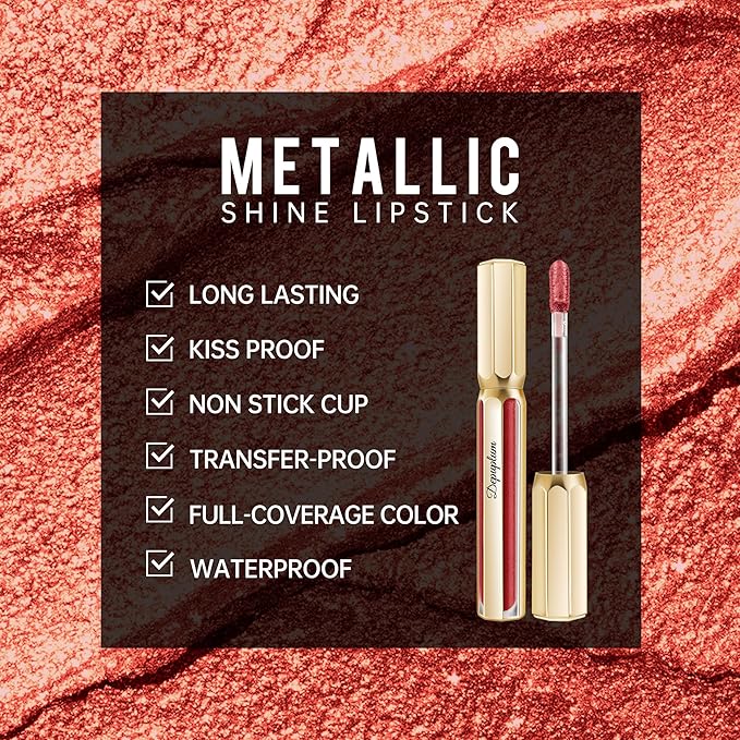 Red Lipsticks for Women Metallic Lipstick Long Lasting Non Stick Cup Lip Gloss, Shimmer Lightweight Hydrating Full Coverage Lip Color, DP116 Expectation