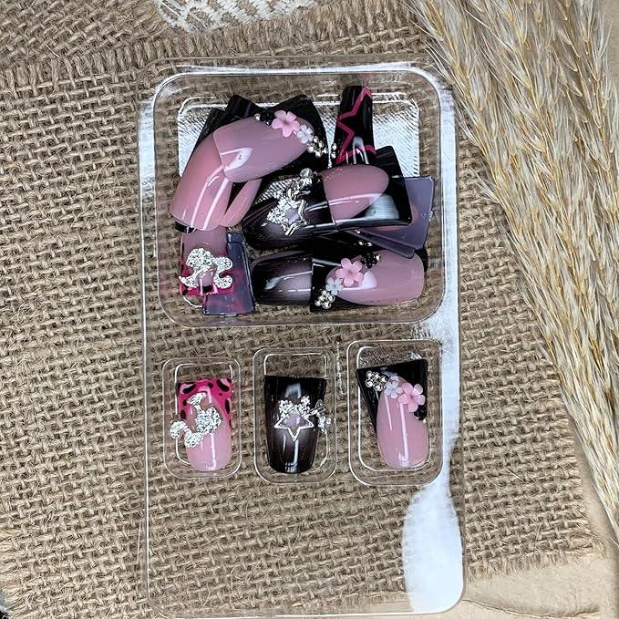 BABALAL Duck Nails Press on Short Fake Nails Black Pink Glue on Star Charm Y2k Stick on Acrylic 24Pcs Duck Bill Gothic Manicure Reusable Artificial Full Cover False Nail