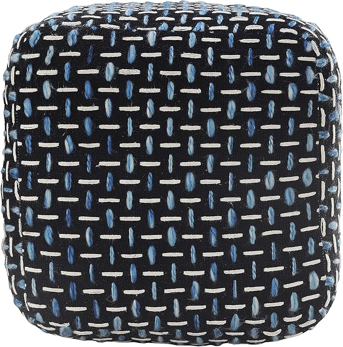 L. R. Resources, Inc. LR Home Hand-Woven Black/White/Blue Geometric Cotton Square Ottoman Pouf for Home Decor | Indoor Foot Rest for Bedroom & Living Room | 16 x 16 x 16 Stuffed Ottoman for Seating