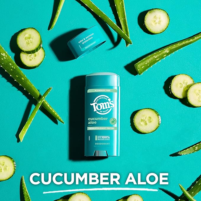 Tom's of Maine Cucumber Aloe Aluminum Free Natural Deodorant For Women & Men | Goes on Clear | Odor & Wetness Protection | Naturally Derived and Moisture-Locking Ingredients | 3.25 oz (2 Pack)