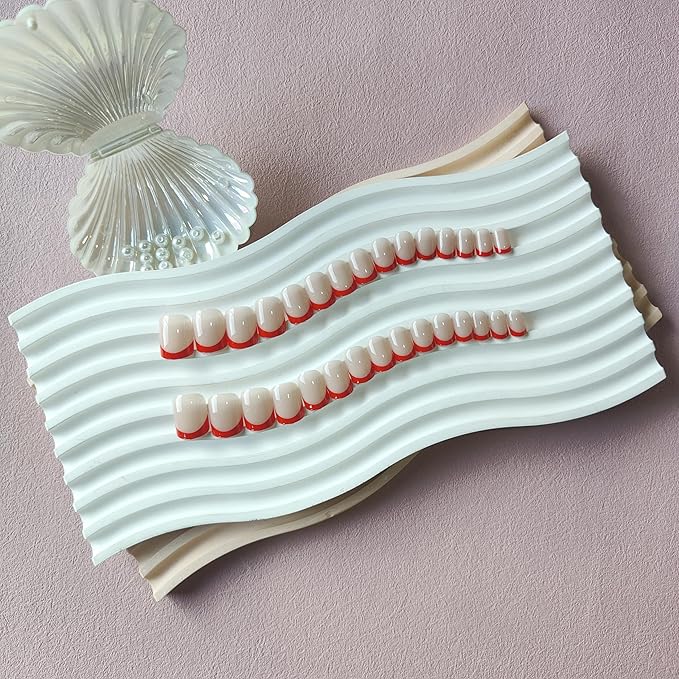 30Pcs Red French Tip Press on Nails Short Square Nails Press ons, Short Fake Nails Coffin Acrylic French Glue on Nail False Nail for Women Natural15 Sizes