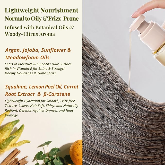 Hair Oil for Fine or Normal Hair – Lightweight Leave-In Formula with Jojoba & Argan Oils for Smoothness, Shine & Frizz Control, Natural Sandalwood & Bergamot Aroma, 3.4 fl oz / 100 ml