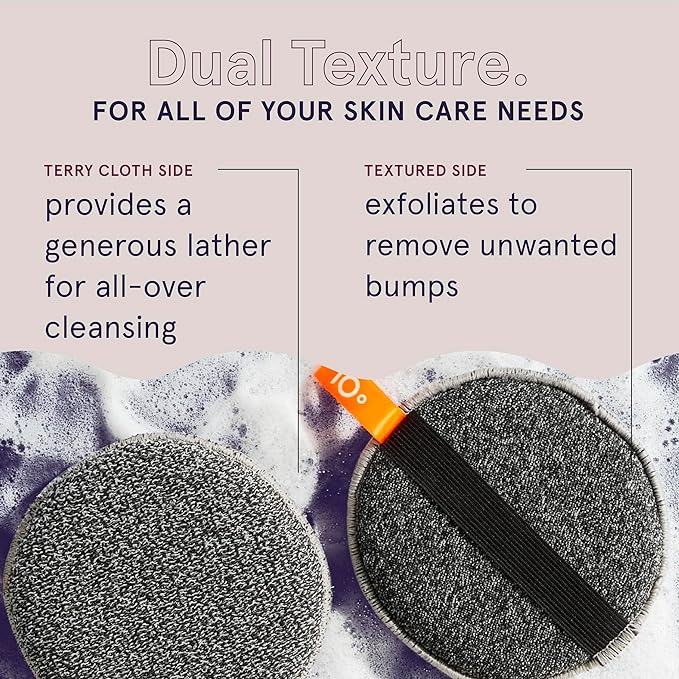 Cleanlogic Detoxify Purifying Charcoal Infused Exfoliating Body Scrubber, Dual-Texture Round Exfoliator Tool for Smooth, Clean Skin, Daily Skincare Routine, 3 Count Value Pack