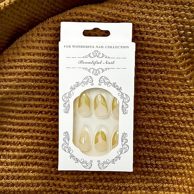 24pcs French Tip Press on Nails Medium Almond Fake Nails Gold French Line False Nails with Design Nude Glue on Nails Chrome Gold Line Artificial Acrylic Full Cover Glossy Stick on Nails for Women