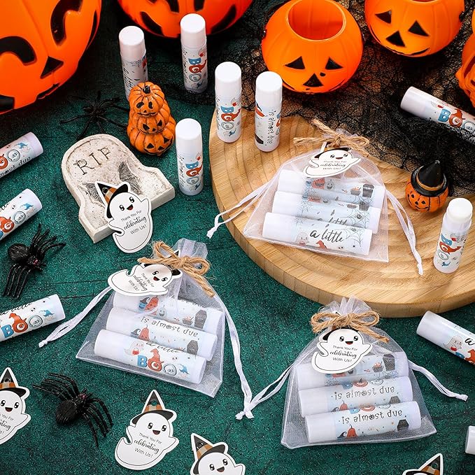 Demissle 50 Pcs Baby Shower Lip Balm Gift Set with 100 Pcs Organza Bags Baby Shower Party Favor for Guest Thank You Tag Rope Baby Shower Party Decoration Gender Reveal Souvenirs (Ghost)
