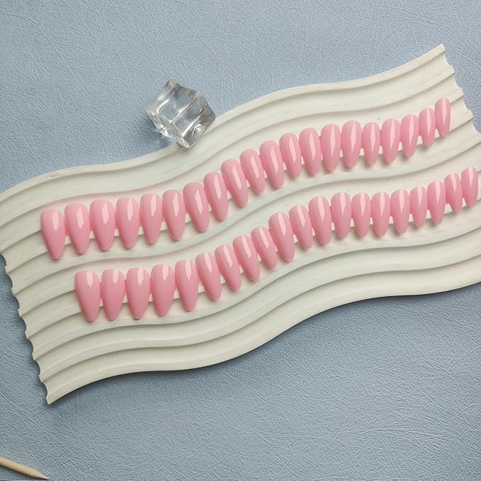 48Pcs Pink Press On Almond Nails - Medium Length, Stiletto & False Nails, Thick Natural Acrylic Gel Finish