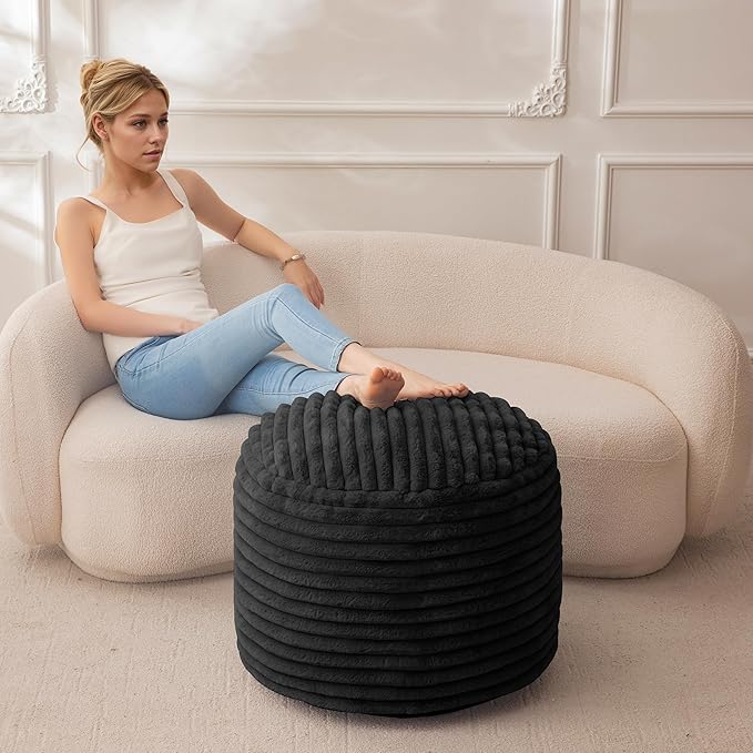 HIGOGOGO Round Stuffed Pouf Ottoman, Corduroy Poufs with High-Density Foam Filling, Furry and Fluffy Pouf Foot Stool Storage Ottoman, 20 X 15 Floor Poufs Foot Rest for Living Room, Black