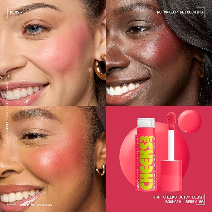 NYX PROFESSIONAL MAKEUP Fat Cheeks Liquid Blush, Buildable, Dewy Blush with Long-Lasting 12HR Wear - Bouncin Berry (Bright Watermelon)