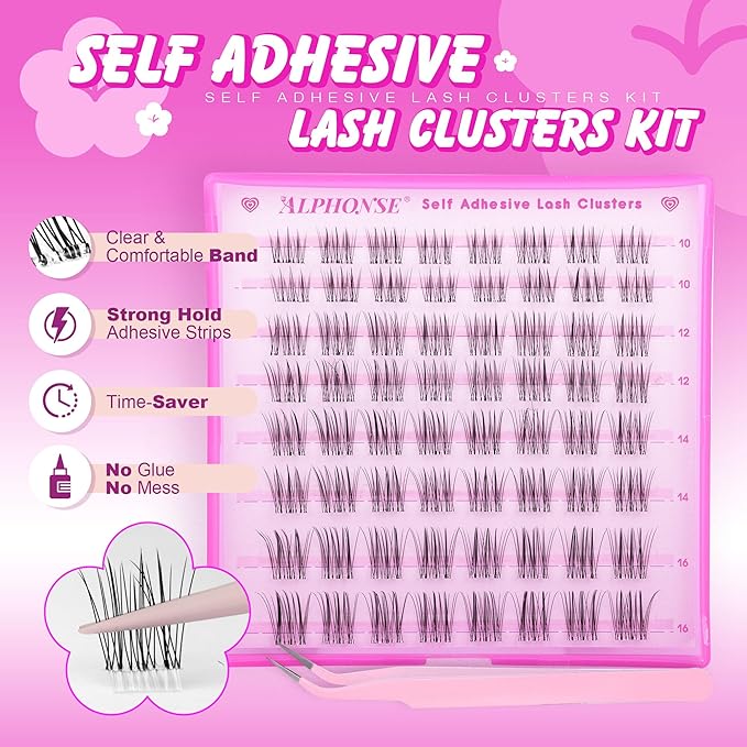 Self Adhesive Lash Clusters Natural Eyelash Clusters No Glue Needed Self Adhesive Eyelashes Invisible Band Press On Lashes 10-16mm Wispy Cluster Eyelash Extensions Pre Glued with Tweezers by ALPHONSE