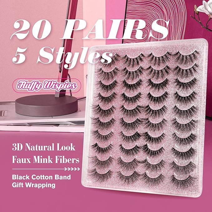 20 Pairs False Eyelashes 3D Faux Mink Lashes Natural Look Wispy Fake Eyelashes ALPHONSE 16-20MM Fluffier Volume Long Thick Lashes Pack 5 Styles Mixed