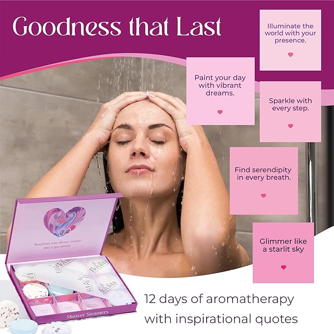 Aromatherapy Shower Steamers Gift Set – 12 Spa Tablets, 6 Scents (Lavender, Mint & Eucalyptus, Jasmine, Watermelon, Grapefruit & Orange) – Relaxation & Stress-Relief Self-Care Gifts for Women