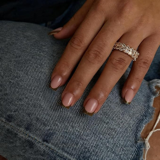 30Pcs Brown French Tip Press on Nails Short Square Nails Press ons, Short Fake Nails Coffin Acrylic French Glue on Nail False for Women, Natural15 Sizes