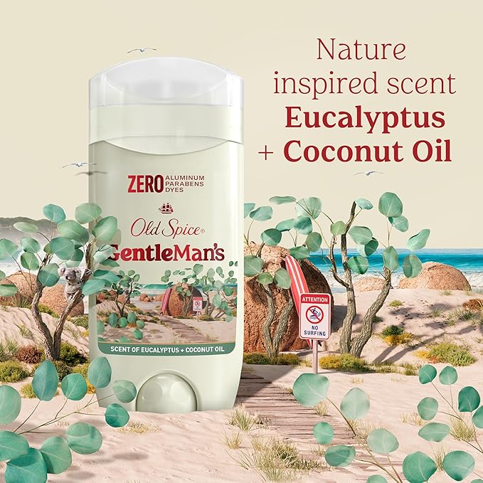 Old Spice GentleMan's Aluminum Free Dry Feel Deodorant for Men, 24/7 Lasting Freshness, Gentle on Skin with Skin Conditioners, Eucalyptus + Coconut Oil Scent, 3.0 oz (Pack of 3)