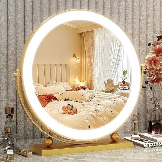 13 Inch Vanity Mirror with Lights, Round Make Up Mirror with Lighting, LED Mirror Makeup Mirror with Lights for Bedroom Tabletop, Smart Touch Control, 360° Rotation (Gold)