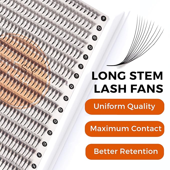 Eyesy Lash 448 Narrow Promade Fans - 10D 0.07mm Thickness CC Curl 9-15mm Mixed Lengths - Mega Volume Eyelash Extension Long Stem Narrow Premade Lash Fans Fluffy Pre Made Eyelash Extension Trays