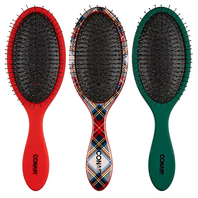 Conair Detangling Hair Brush Set 3 Pack, For Wet, Dry and All Hair Types, Detangling Brushes for Women in Tartan, Red, Green