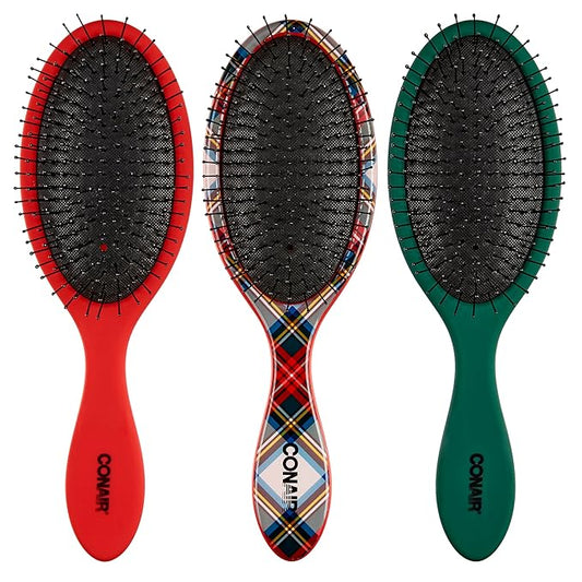 Conair Detangling Hair Brush Set 3 Pack, For Wet, Dry and All Hair Types, Detangling Brushes for Women in Tartan, Red, Green