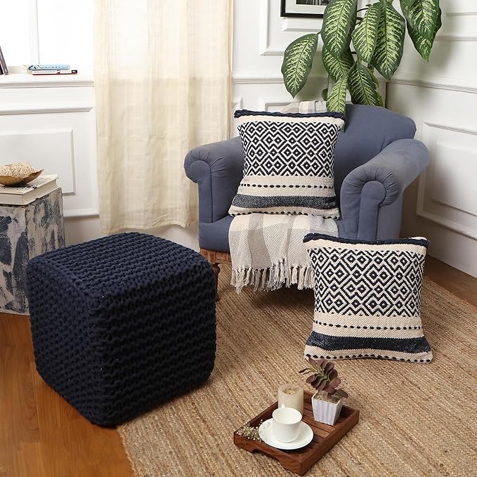 REDEARTH Square Hand Knitted Pouf - Foot Stool Ottoman Coffee Table - Cotton Cord Boho Pouffe - Poof Accent Footrest for Living Room - Bedroom - Library (16" x 16" x 16") - Navy Blue