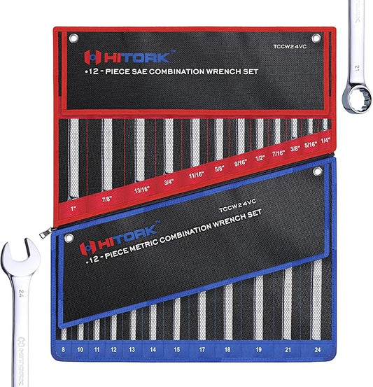 Hitork 24-Piece Combination Wrench Set, SAE (1/4"–1") & Metric (8–24mm), Cr-V Steel, Mirror Chrome Finish, 12-Point Box End, 15° Offset, with Roll Pouch – Ideal for Home, Garage & Auto Repair
