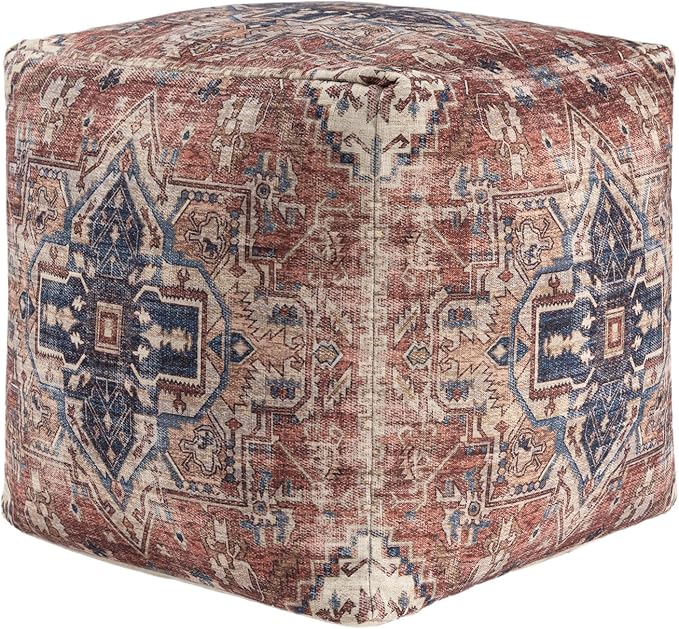 LR Home Vintage Medallion Indoor Medium Pouf Ottoman | Polyester Pouf for Home Decor | Foot Rest for Living Room, Bedroom & Dorm | 18 x 18 x 18 Stuffed Ottoman for Seating | Rust/Navy