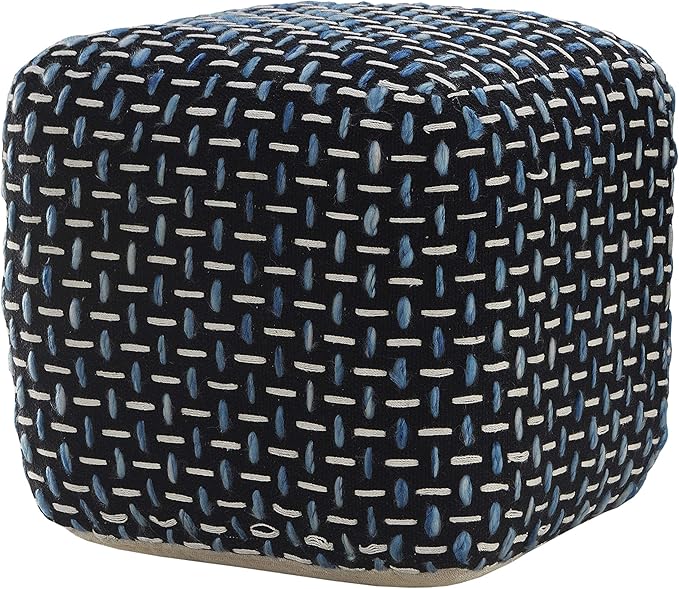 L. R. Resources, Inc. LR Home Hand-Woven Black/White/Blue Geometric Cotton Square Ottoman Pouf for Home Decor | Indoor Foot Rest for Bedroom & Living Room | 16 x 16 x 16 Stuffed Ottoman for Seating