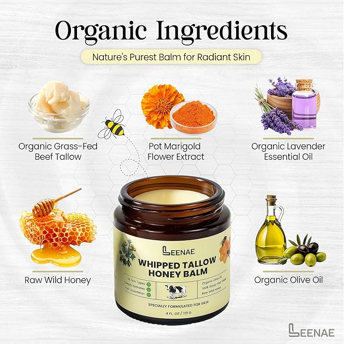 Whipped Beef Tallow Honey Balm | Grass Fed Tallow Face Moisturizer | Natural Unscented Beef Tallow for Skin with Olive Oil (4 Oz)