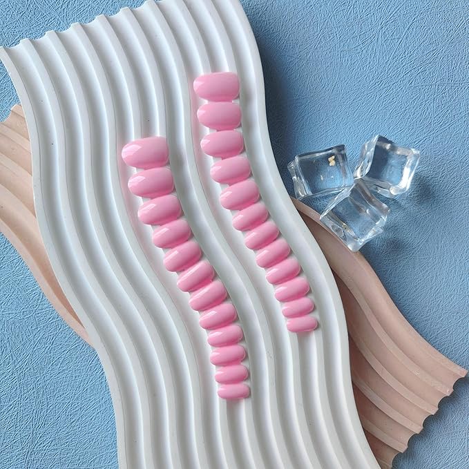 Pink Press on Nails Short Almond Fake Nails Press ons, Thick Solid Color Glue on Nails Short False Nails, Medium Almond Nail Oval Round Shaped for Women, 24Pcs Natural Acrylic Gel Nail