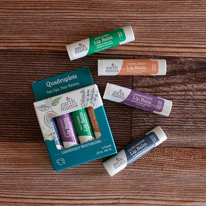 Earth Mama Lip Balm Variety Pack | Quadruplets 4 Pack | Lavender Meringue, Mint Herbal, Coconut Smoothie & Orange Ginger | Soothing & Hydrating Lip Moisturizer | Pregnancy Safe