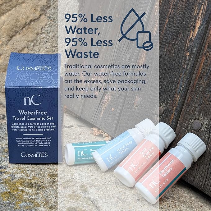 nanoSPACE Waterless Travel Toiletry Set, Clean Ingredients TSA Compliant, Includes Powder Shampoo, Toothpaste Tablets, Mouthwash Tablets, Soap Tablets