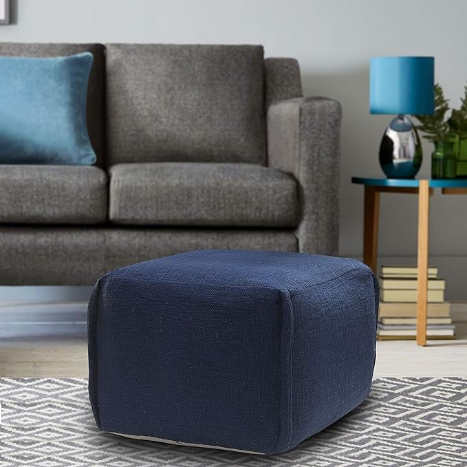 LR Home Handmade Contemporary Solid Square Indoor Medium Pouf Ottoman, Insignia Blue | Hand-Made Cotton Foot Rest for Home Decor | 18 x 18 x 14 Filled Pouf for Living Room & Bedroom
