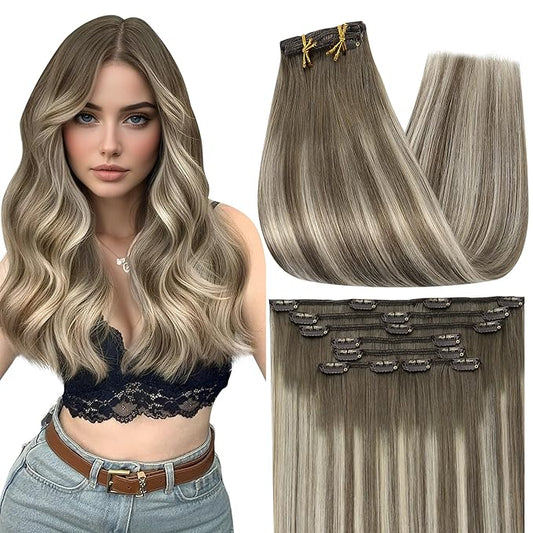 Full Shine Clip in Real Hair Extensions Balayage for Short Thin Hair 12 Inch Ash Brown Balayage Hair Extensions Clip in Extensions for White Women 7 Pcs 95 G