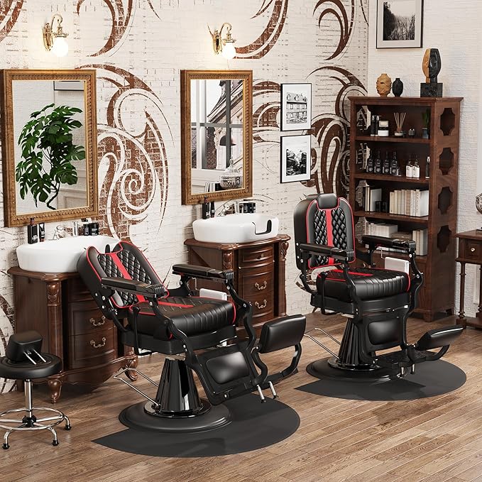 Baasha Black & Red Barber Chair, Plush Reclining Salon Chair with Adjustable Headrest, Wide Stable Base, 360° Swivel, Heavy-Duty for Barbers, 550 lbs