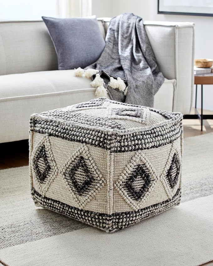 Mark&Day Pouf Ottoman, Langschlag Bohemian/Global Charcoal Cube Pouf Foot Rest for Living Room, Bedroom and Boho Home Decor (18"x18"x18")