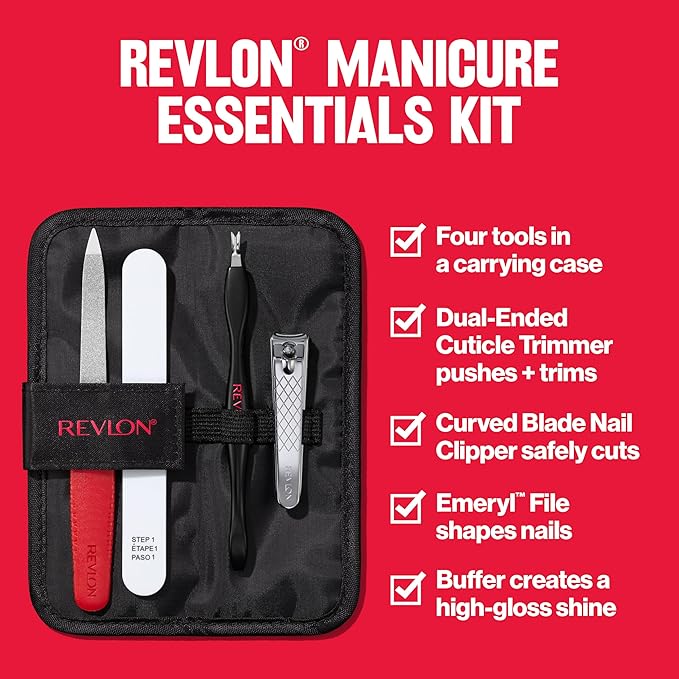 Revlon Manicure Essentials Kit with Travel Case, Nail Care Set with Dual Ended Cuticle Trimmer, Curved Blade Clippers, Compact Emeryl File & Buffer (Pack of 1)