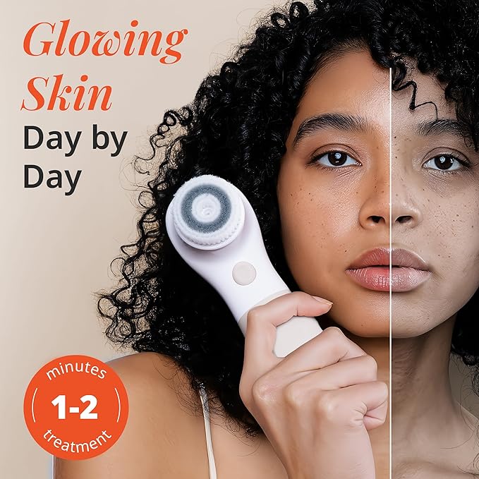 Raedia Handheld Facial Cleansing Brush with 4 Interchangeable Brush Heads by Vanity Planet - Lightweight Daily Cleansing Brush for Glowing Skin - Water Resistant Face Exfoliator - Warm Grey