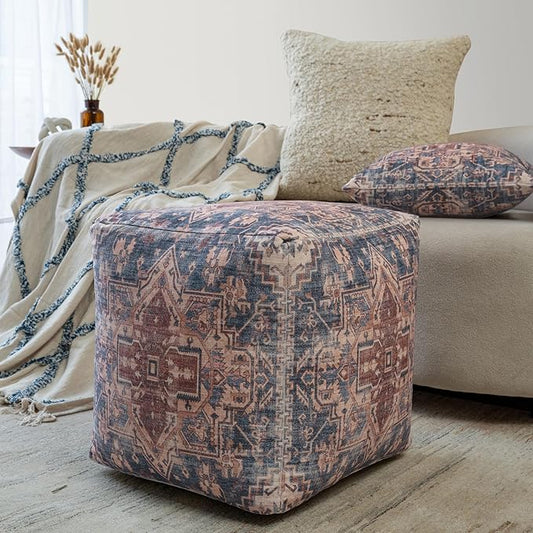 L. R. Resources, Inc. LR Home Vintage Medallion Square Indoor Medium Pouf Ottoman, Navy/Rust | Hand-Made Power-Loomed Pouf for Home Decor | 18 x 18 x 18 Stuffed Ottoman for Seating & Foot Rest
