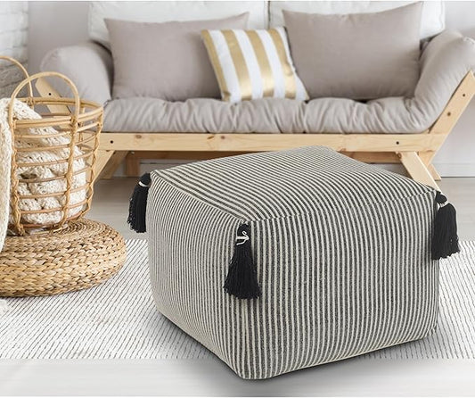 LR Home Handmade Contemporary Striped Gray/Ivory Cotton Pouf Ottoman for Home Decor | Farmhouse Foot Rest for Bedroom & Living Room Decor | 18 x 18 x 14 Stuffed Ottoman for Seating