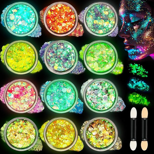 12 Colors Makeup Body Glitter Gel and Face Glitter Gel, Glow in The Dark for Hair and Eyeshadow, UV Black Light for Raves Festivals, Makeup for Women and Kids