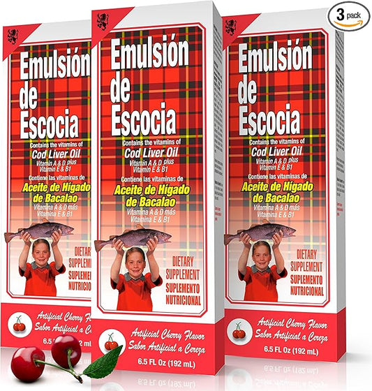 Emulsion de Escocia Cherry Flavor with Vitamins and Cod Liver Oil for Kids and Adults | Pleasant Taste | Immune and General Wellness Support | 6.5 Oz | 3-Pack