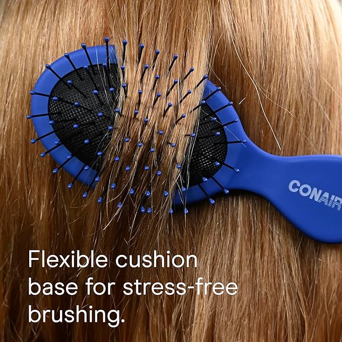 Conair Detangling Mini Hair Brush Set, 3-Pack Detangler Brushes for Wet or Dry Hair, Gentle Detangler for All Hair Types, Bristle Hair Brushes for Women, Travel Size, Pink, Gray, and Blue